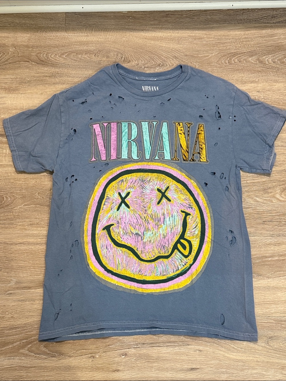 NIRVANA Gray Distressed Smiley Tee with Pink and Yellow Accents